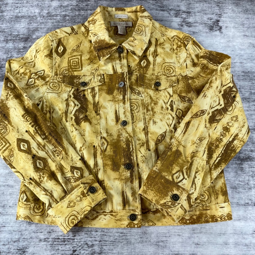 C.L.O.T.H.E.S. Womens Yellow Brown Abstract Tribal Print Stretch Denim Jacket L